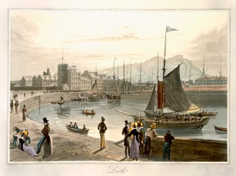 Een veerboot die aankomt in Leith, uit 